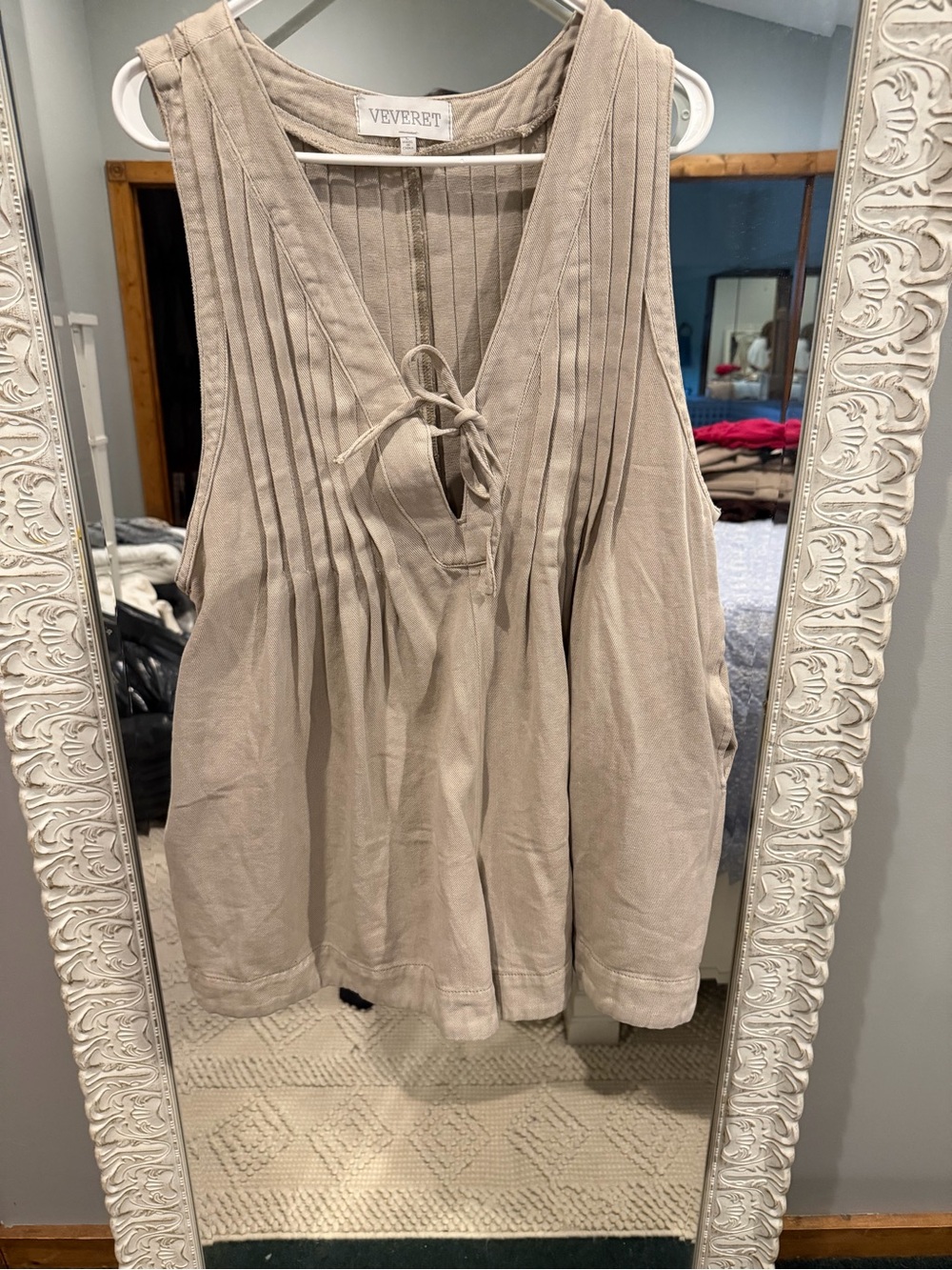 Taupe Sleeveless Pleated V-Neck Tie Romper